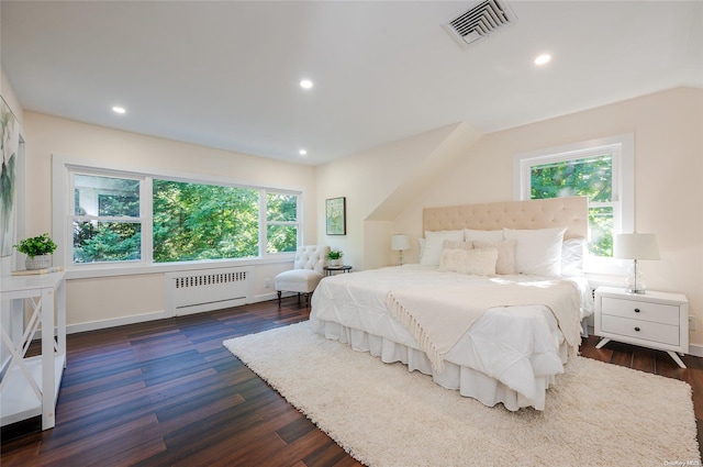 bedroom featuring dark hardwood / wood-style flooring, radiator, and multiple windows