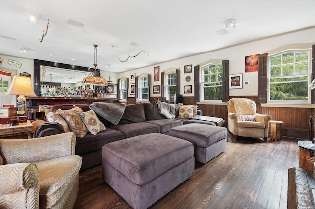 living room with bar, dark hardwood / wood-style flooring, plenty of natural light, and wood walls