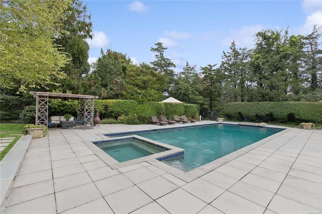 view of pool with a pergola, an in ground hot tub, and a patio