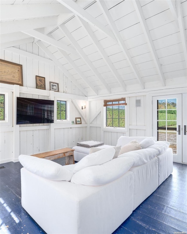 living room featuring vaulted ceiling with beams, dark hardwood / wood-style floors, wood ceiling, and wood walls