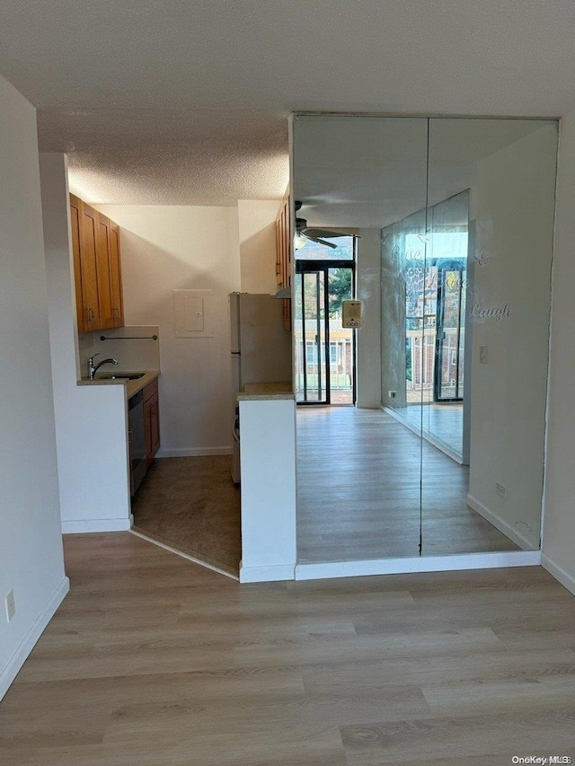 interior space featuring ceiling fan, light hardwood / wood-style flooring, a textured ceiling, and sink