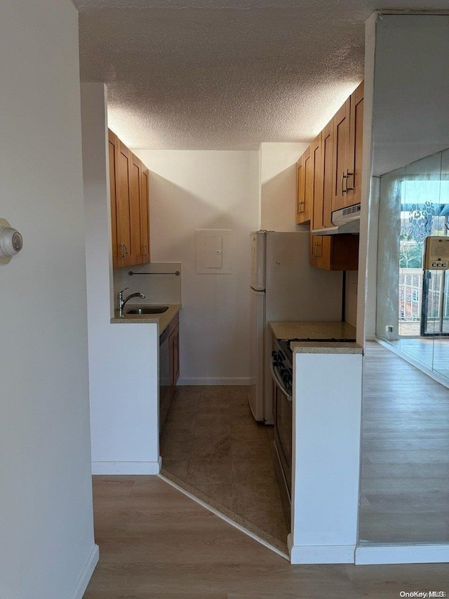 kitchen featuring stove, a textured ceiling, range hood, and light hardwood / wood-style flooring