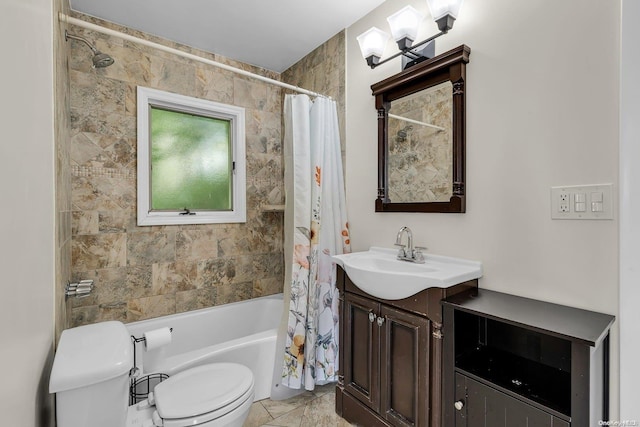 full bathroom featuring tile patterned floors, vanity, shower / tub combo, and toilet