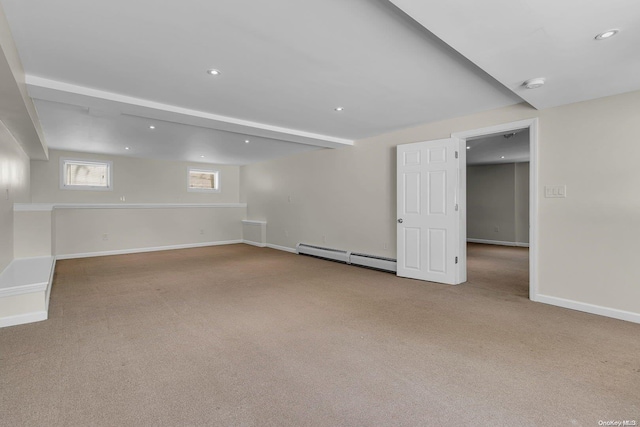 empty room featuring carpet floors and baseboard heating