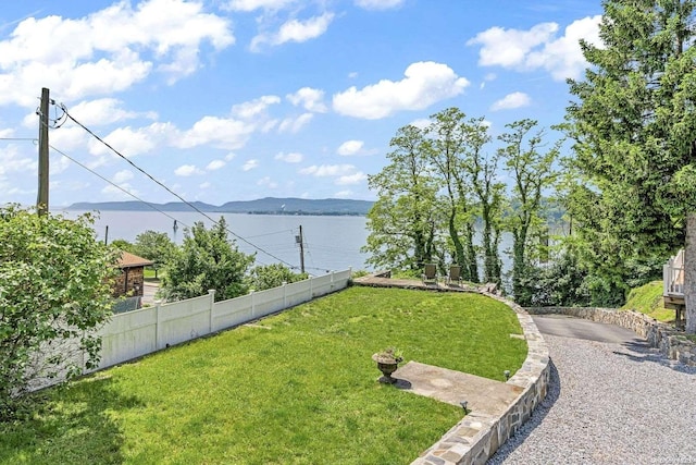 view of yard with a water and mountain view