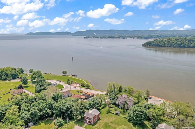 birds eye view of property with a water and mountain view