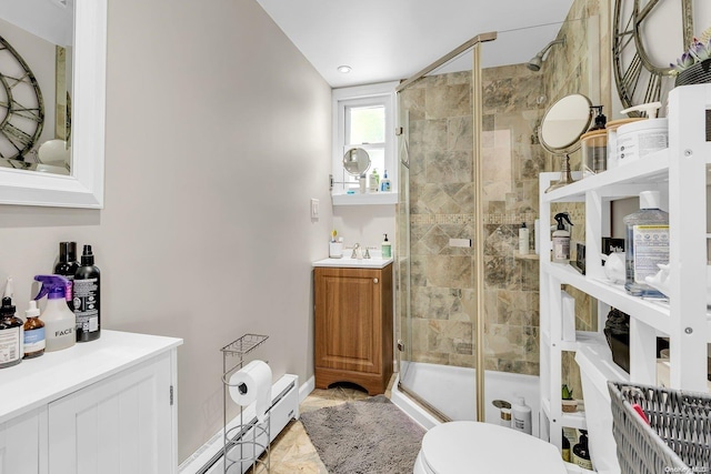 bathroom featuring baseboard heating, a shower with door, vanity, and toilet