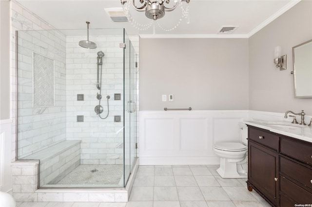 75 Oak Neck Ln, West Islip, NY 11795 - bathroom with a shower stall, crown molding, toilet, vanity, and a chandelier