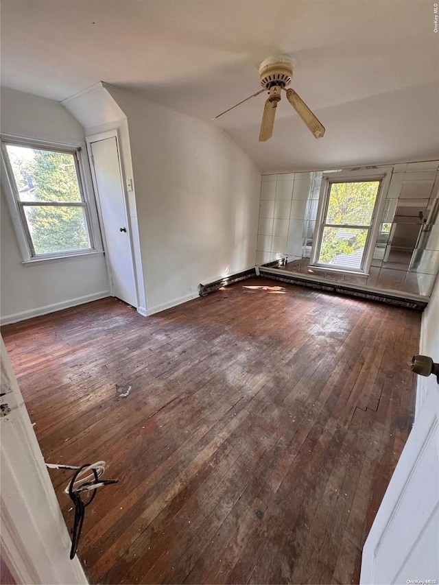 interior space with ceiling fan, a healthy amount of sunlight, dark hardwood / wood-style flooring, and vaulted ceiling