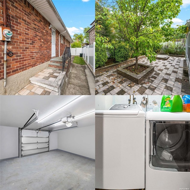 washroom with washer and clothes dryer and brick wall