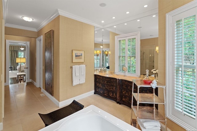 bathroom with an inviting chandelier, tile patterned flooring, shower with separate bathtub, vanity, and ornamental molding