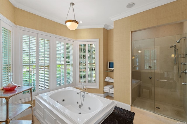 bathroom with ornamental molding, independent shower and bath, and wood-type flooring