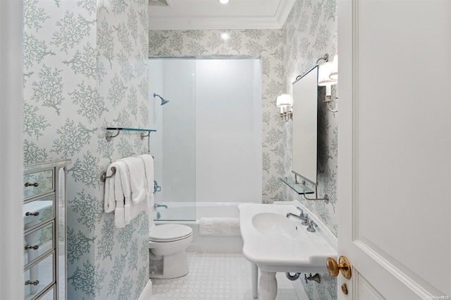 full bathroom with bathtub / shower combination, tile patterned floors, sink, crown molding, and toilet