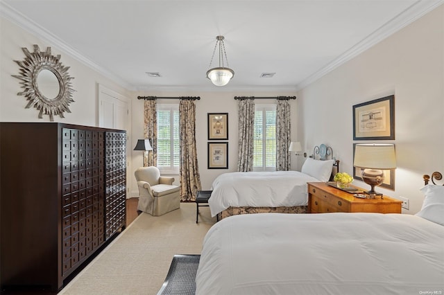 bedroom featuring wood-type flooring, mail boxes, and ornamental molding