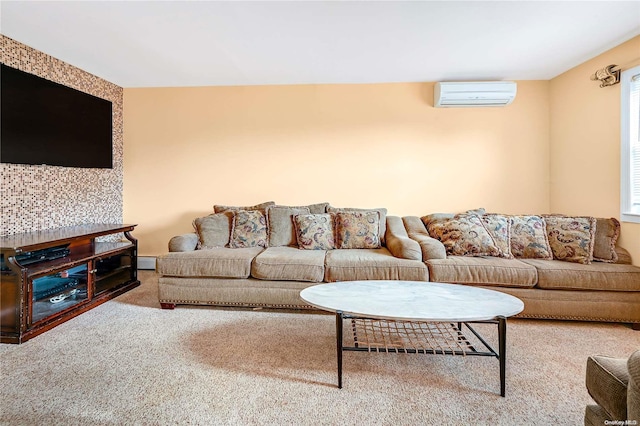 carpeted living room featuring a wall unit AC and a baseboard heating unit