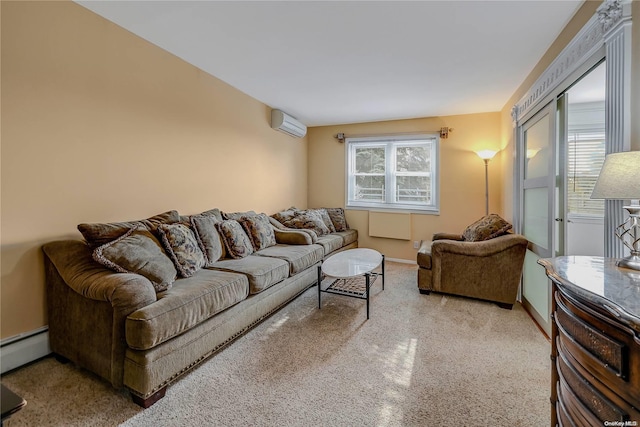 living room with baseboard heating, light colored carpet, and a wall mounted air conditioner