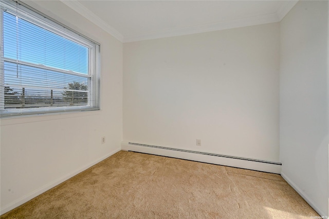 unfurnished room featuring light colored carpet, ornamental molding, and a baseboard radiator