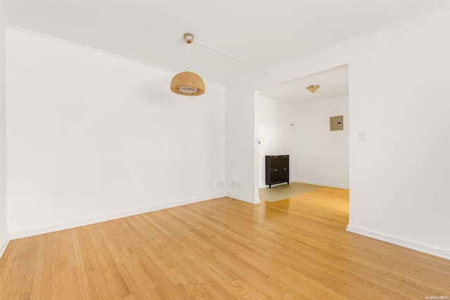 interior space with light wood-type flooring and ornamental molding