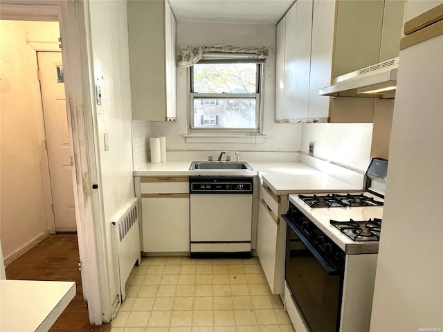 kitchen with radiator, under cabinet range hood, dishwasher, gas stove, and a sink