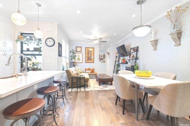 dining space featuring crown molding, sink, ceiling fan, and light wood-type flooring