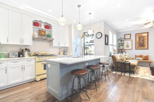 kitchen featuring white cabinetry, high end stove, and a kitchen island with sink