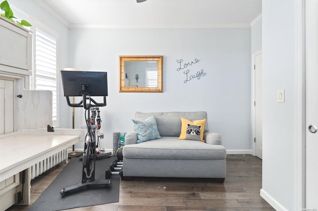 workout room with dark hardwood / wood-style flooring and ornamental molding