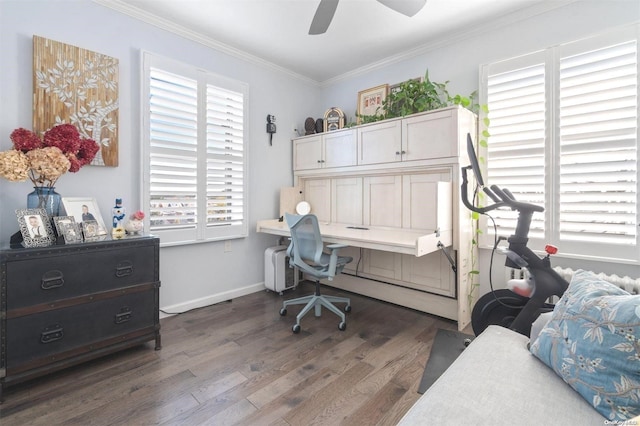 bedroom with dark hardwood / wood-style flooring, ceiling fan, and crown molding