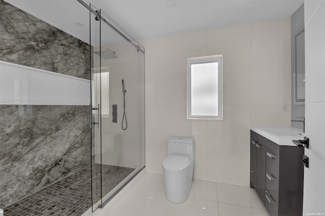 bathroom featuring walk in shower, tile walls, and toilet