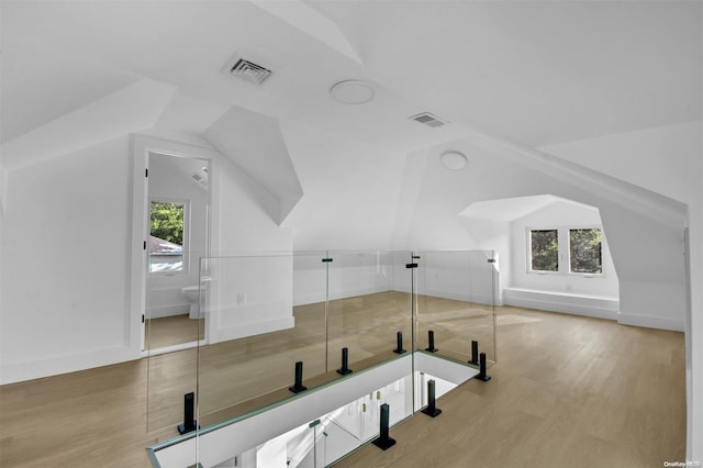 additional living space featuring light wood-type flooring and vaulted ceiling