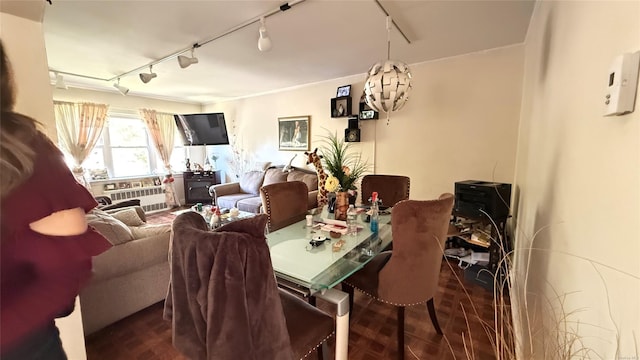 dining space with radiator and track lighting