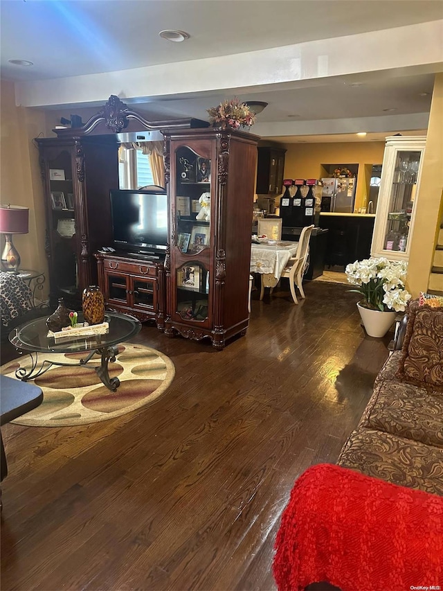 living room featuring dark wood-type flooring