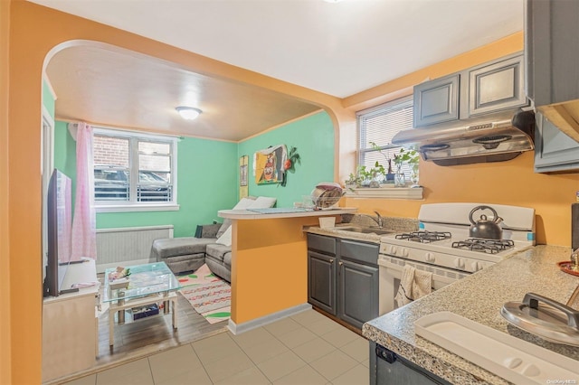 kitchen with gray cabinets, a wealth of natural light, white gas stove, and range hood