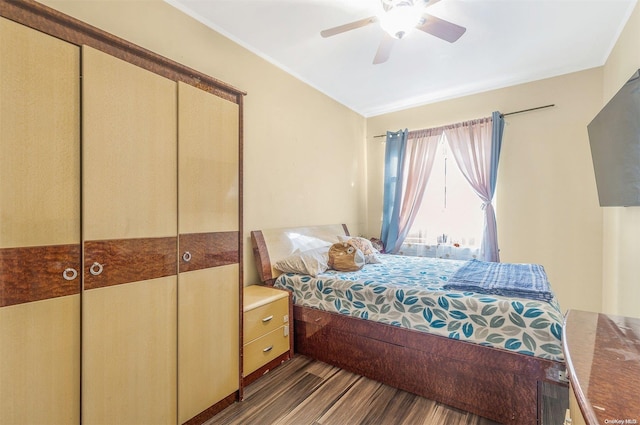 bedroom with ceiling fan, dark hardwood / wood-style flooring, and a closet