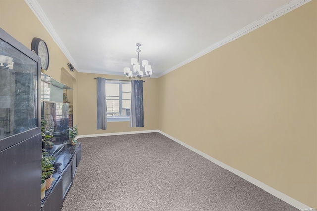 interior space featuring crown molding, carpet floors, and a chandelier