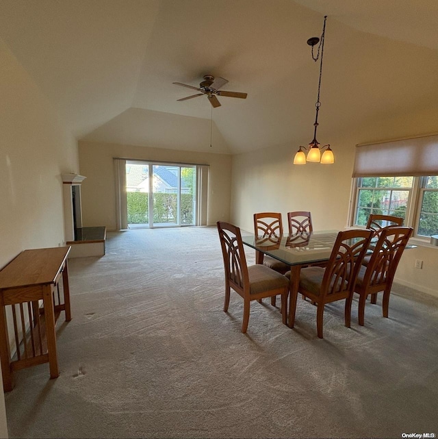 dining area with lofted ceiling, a healthy amount of sunlight, ceiling fan with notable chandelier, and carpet flooring