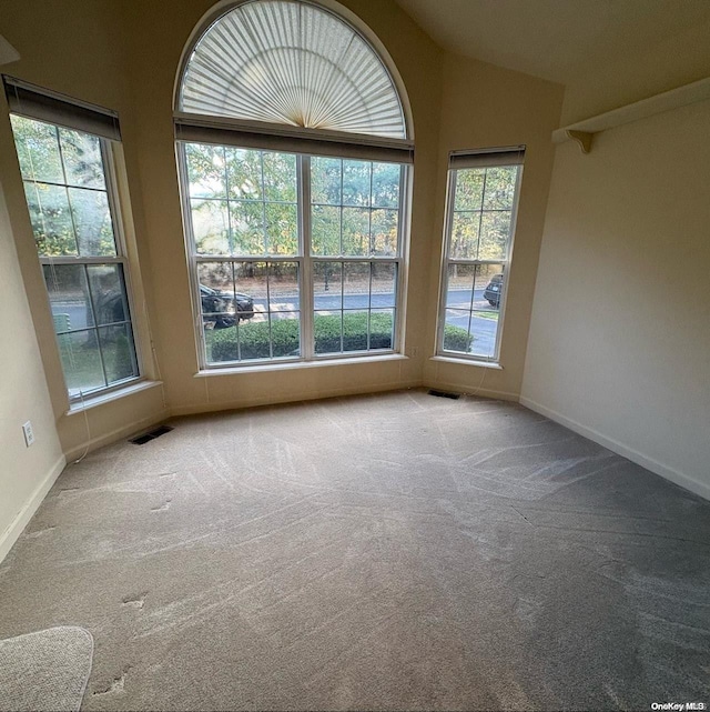 spare room with lofted ceiling and light carpet