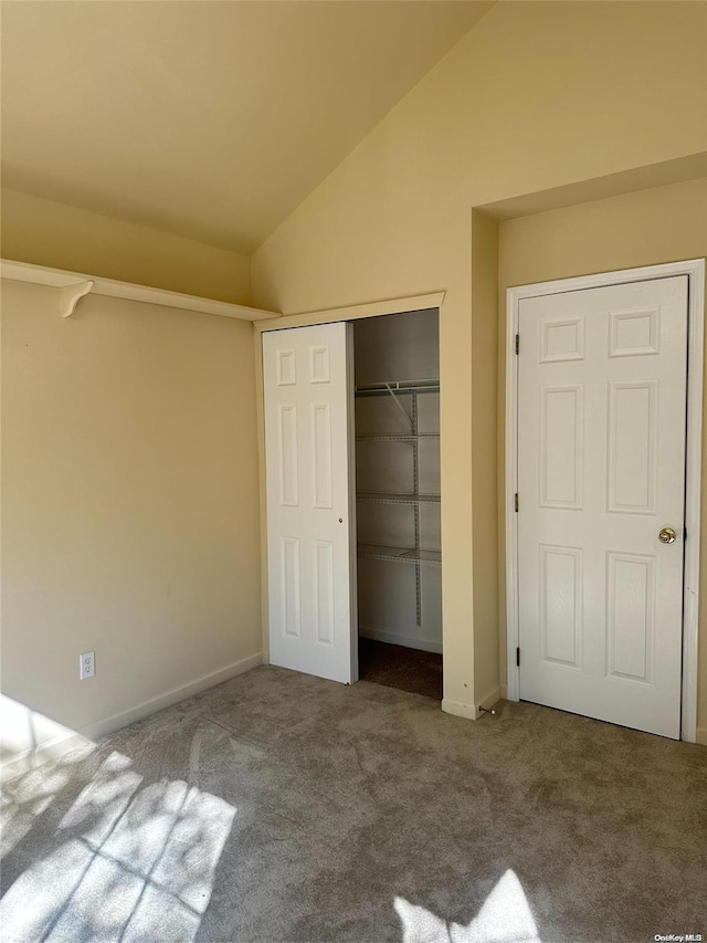 unfurnished bedroom with lofted ceiling, carpet flooring, and a closet