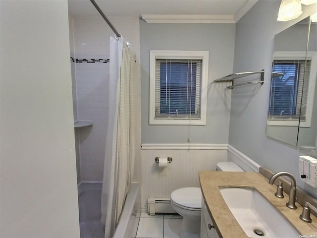 full bathroom with vanity, crown molding, a baseboard heating unit, tile patterned flooring, and toilet