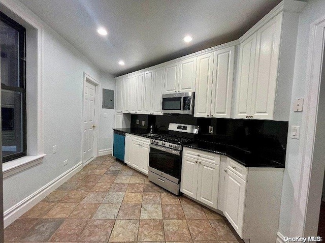 kitchen featuring decorative backsplash, white cabinetry, electric panel, and stainless steel appliances