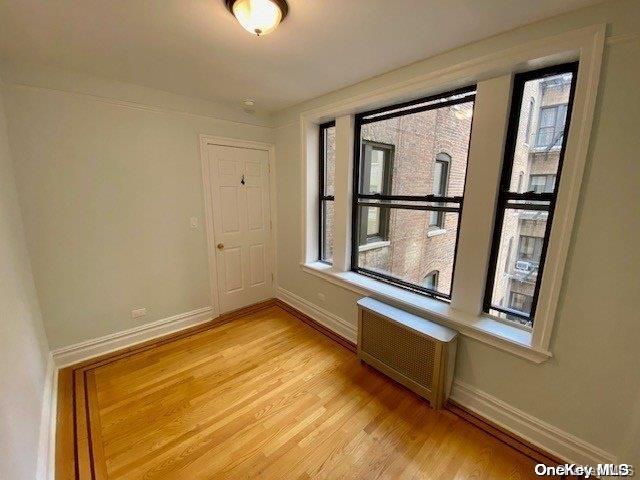 unfurnished room with radiator heating unit, light hardwood / wood-style floors, and plenty of natural light