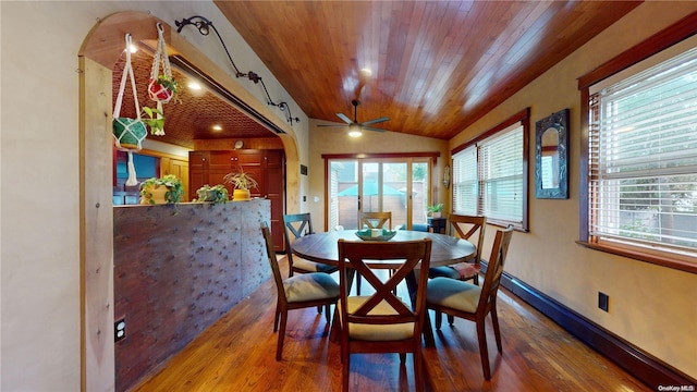 dining area featuring hardwood / wood-style floors, ceiling fan, lofted ceiling, and wooden ceiling