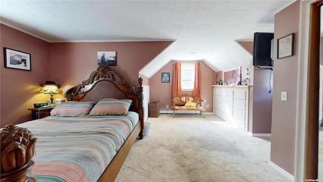 carpeted bedroom featuring crown molding, a baseboard radiator, and vaulted ceiling