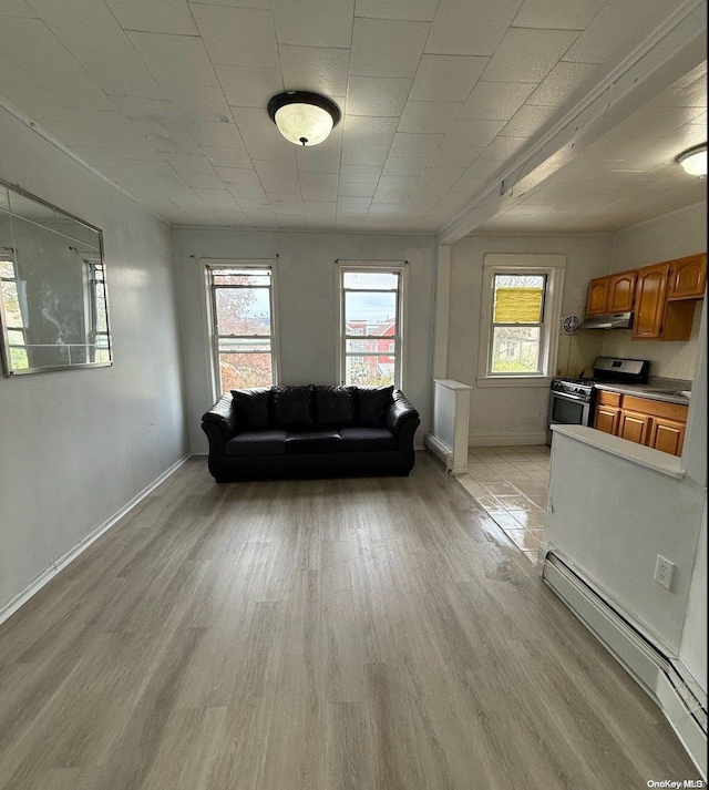 living room featuring light hardwood / wood-style flooring and a baseboard heating unit