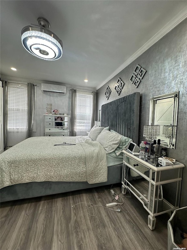 bedroom with dark hardwood / wood-style flooring, a wall mounted AC, and crown molding