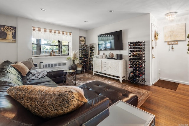 living room featuring hardwood / wood-style floors and radiator heating unit