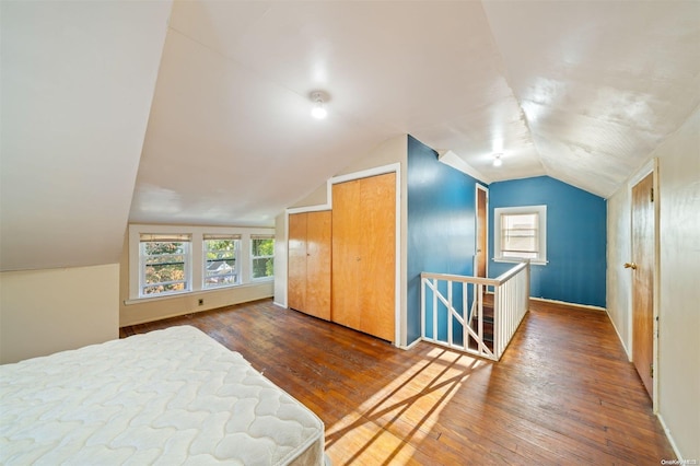 bedroom featuring hardwood / wood-style flooring, a closet, and vaulted ceiling