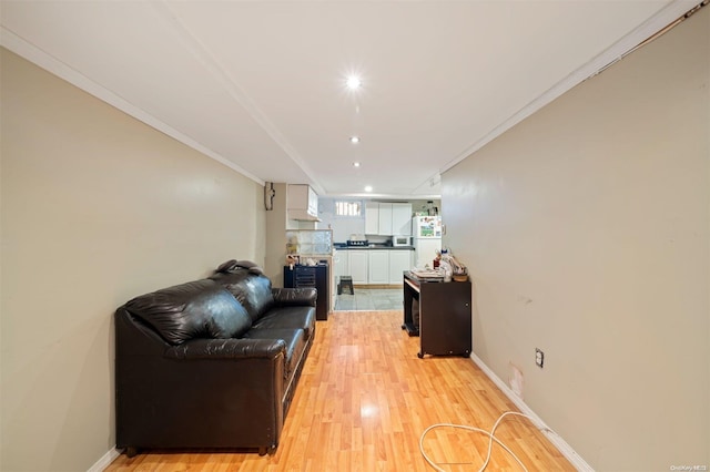 living room featuring light wood-type flooring and crown molding