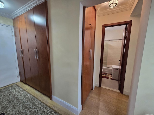 hallway featuring light hardwood / wood-style floors and ornamental molding