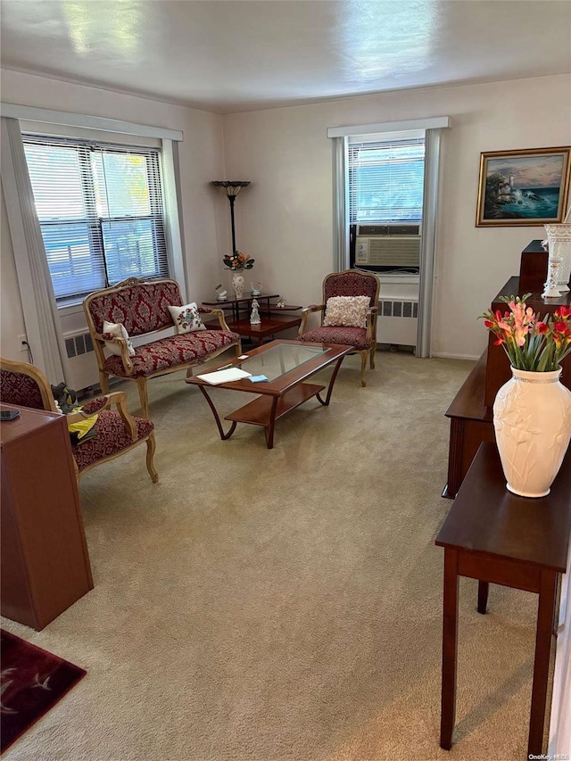 carpeted living room featuring cooling unit and radiator