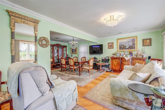 living room featuring crown molding and a chandelier